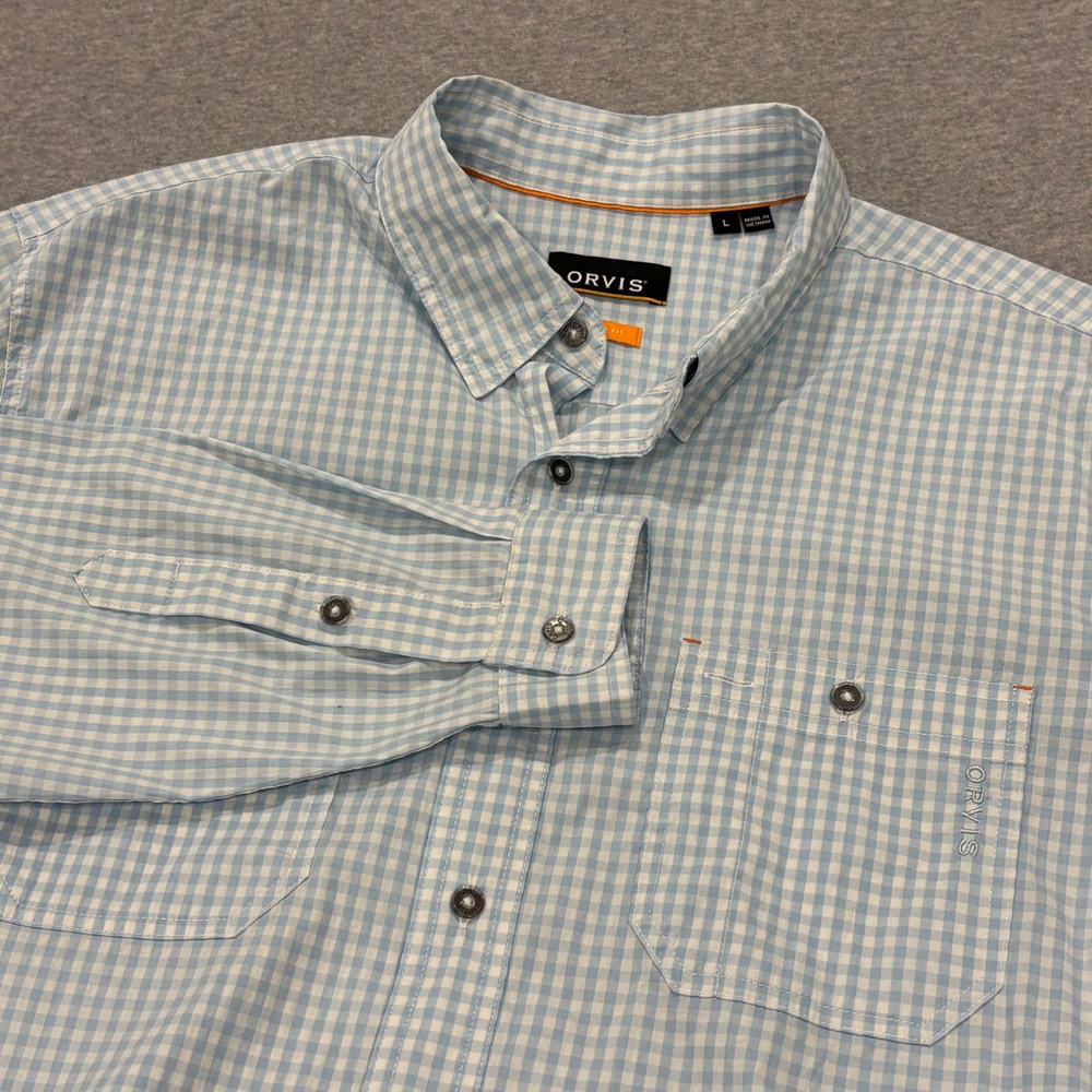 Orvis Active Fit Gingham Button Down Shirt Men's Size L Blue White Long Sleeve